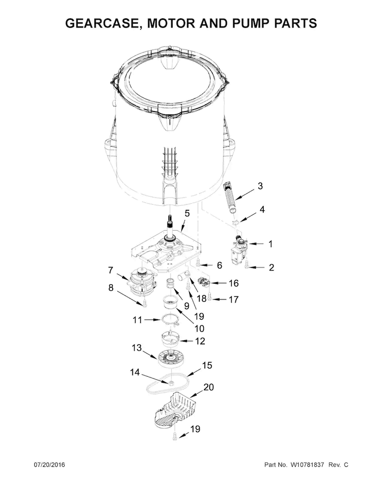 Gearcase, Motor And Pump Parts Diagram and Parts List for ATW4675EW0  Admiral Washer