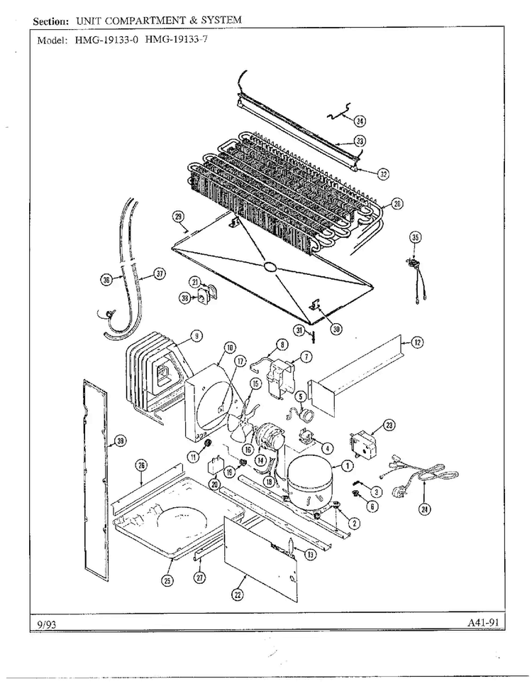 Unit Compartment And System Diagram and Parts List for 19133-0A  Admiral Refrigerator