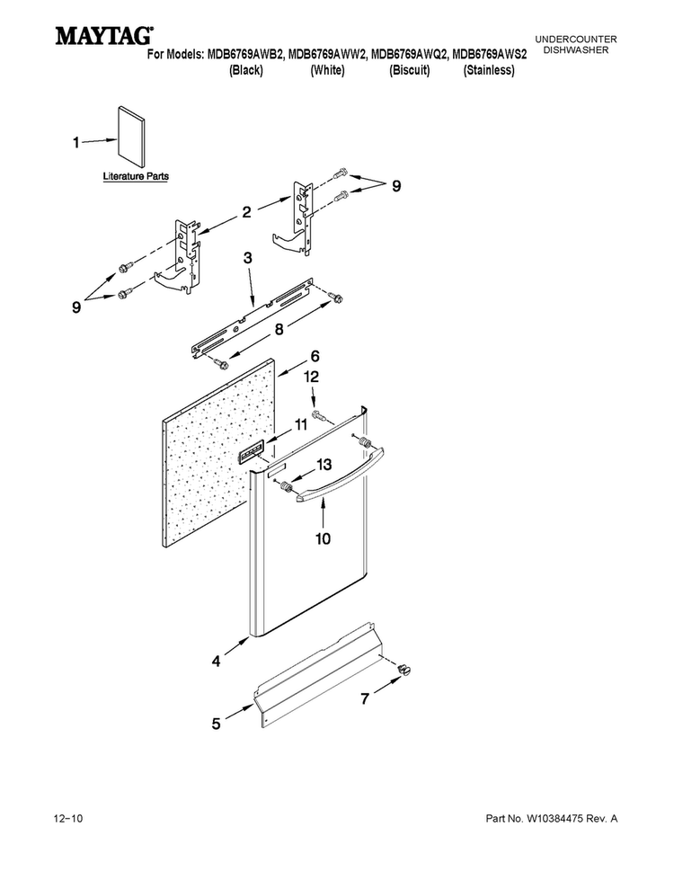 Door And Panel Parts Diagram and Parts List for MDB6769AWQ2  Maytag Dishwasher