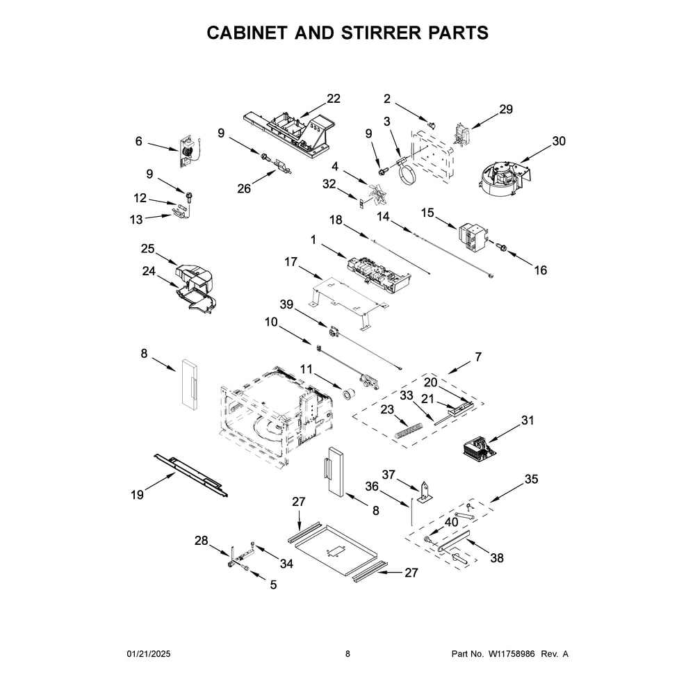 Cabinet And Stirrer Parts Diagram and Parts List for JOEMC130RM00  Jenn-Air Microwave