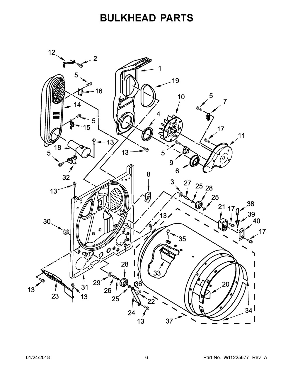 Bulkhead Parts Diagram and Parts List for MGDC465HW0  Maytag Dryer