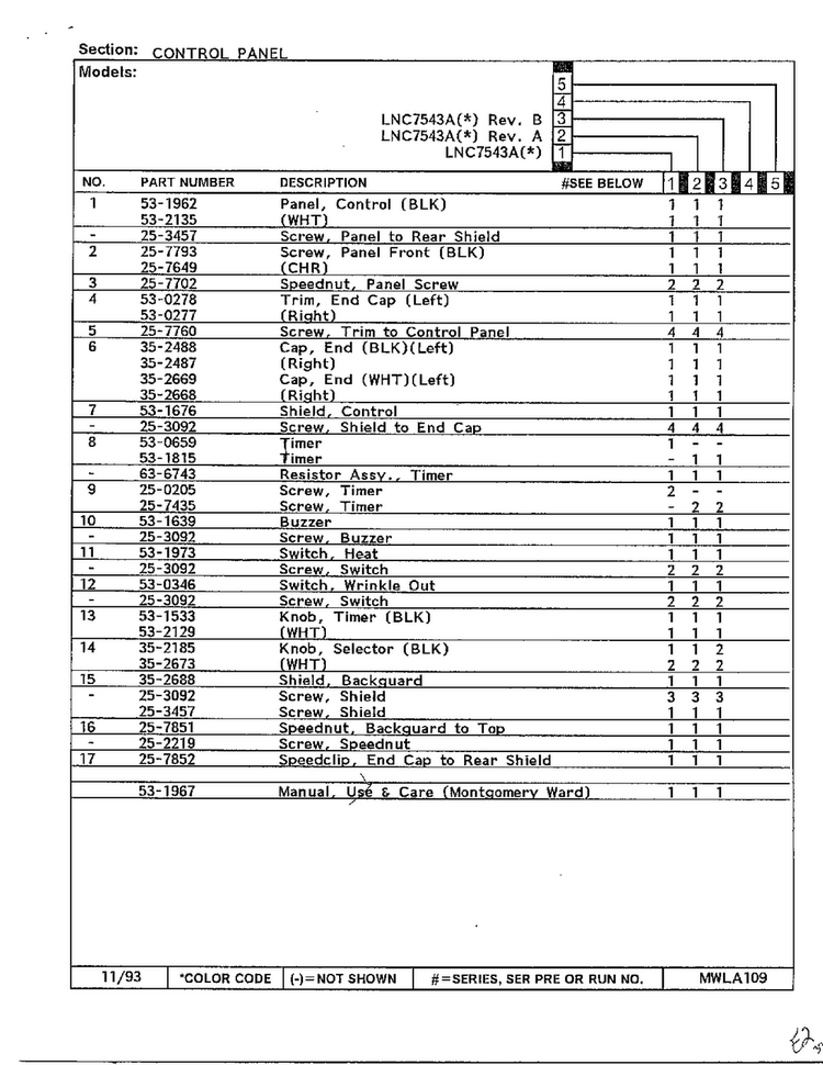 Control Panel Page 2 Diagram and Parts List for 7543A REV A Norge Dryer