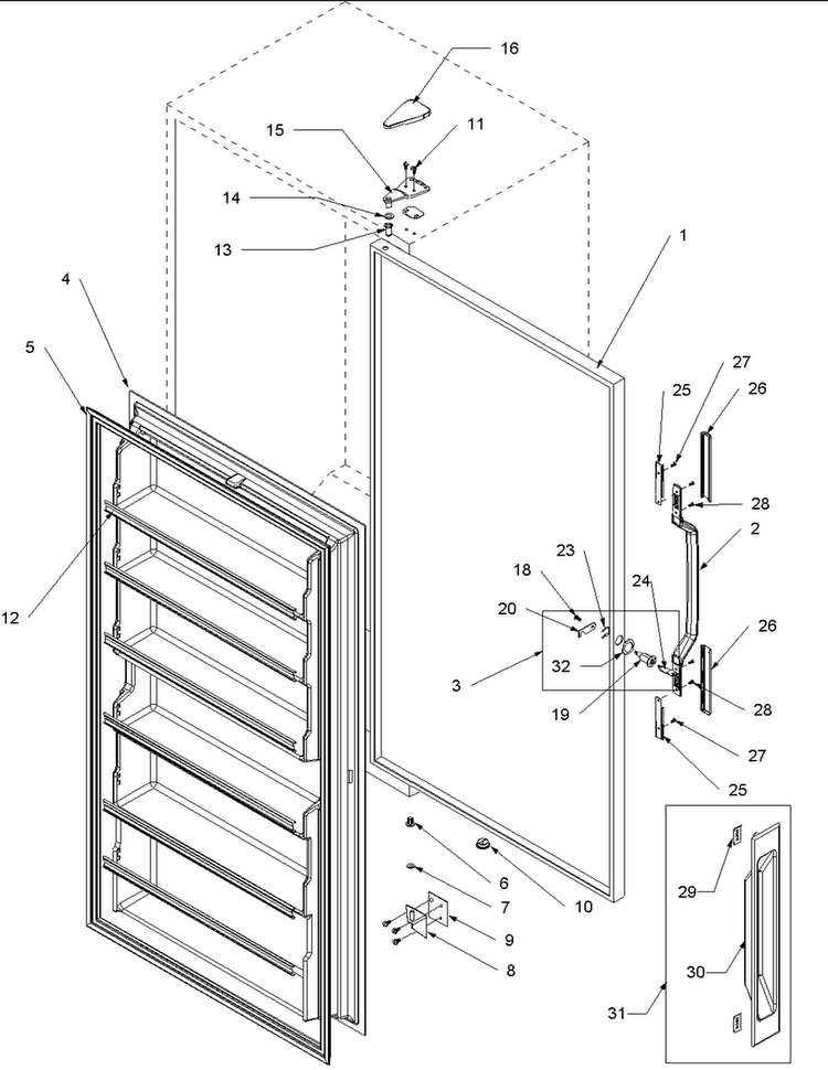 Door Assembly Diagram and Parts List for AU150KW-P1317715WW  Amana Freezer