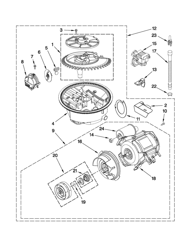 Pump And Motor Parts Diagram and Parts List for CDB7000AWW2  Magic Chef Dishwasher