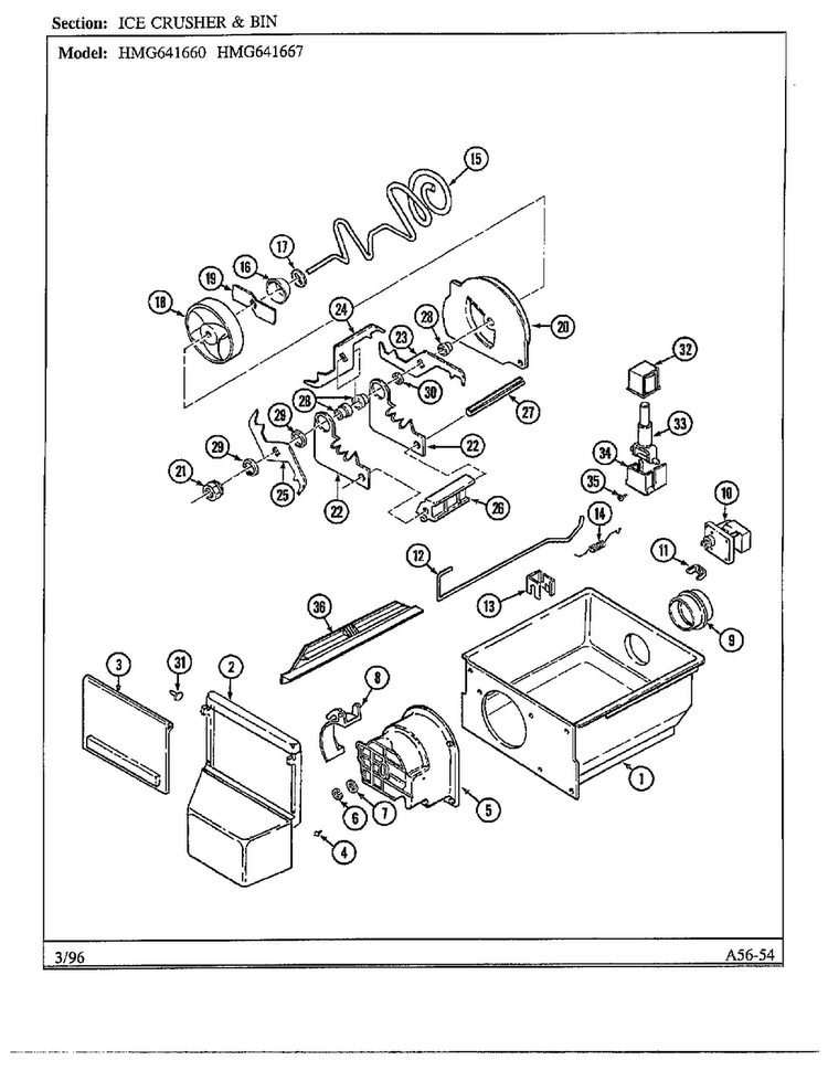 Ice Crusher And Bin Diagram and Parts List for HMG-641670  Admiral Refrigerator