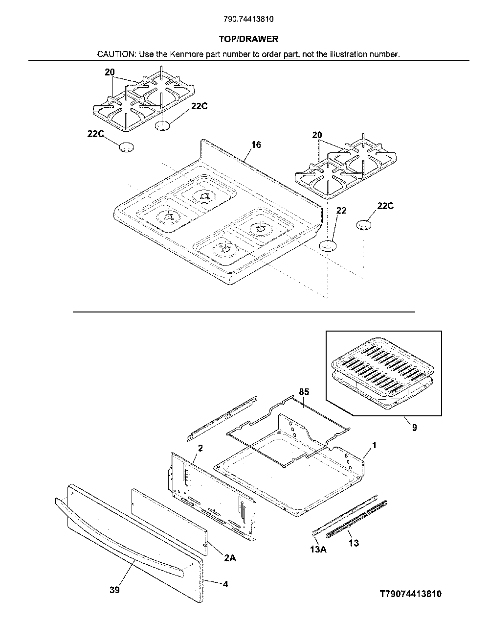 Top/Drawer Diagram and Parts List for 79074413810  Kenmore Range