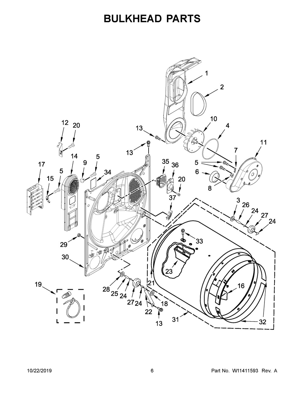 Bulkhead Parts Diagram and Parts List for 4KMEDC430JW0  Maytag Dryer