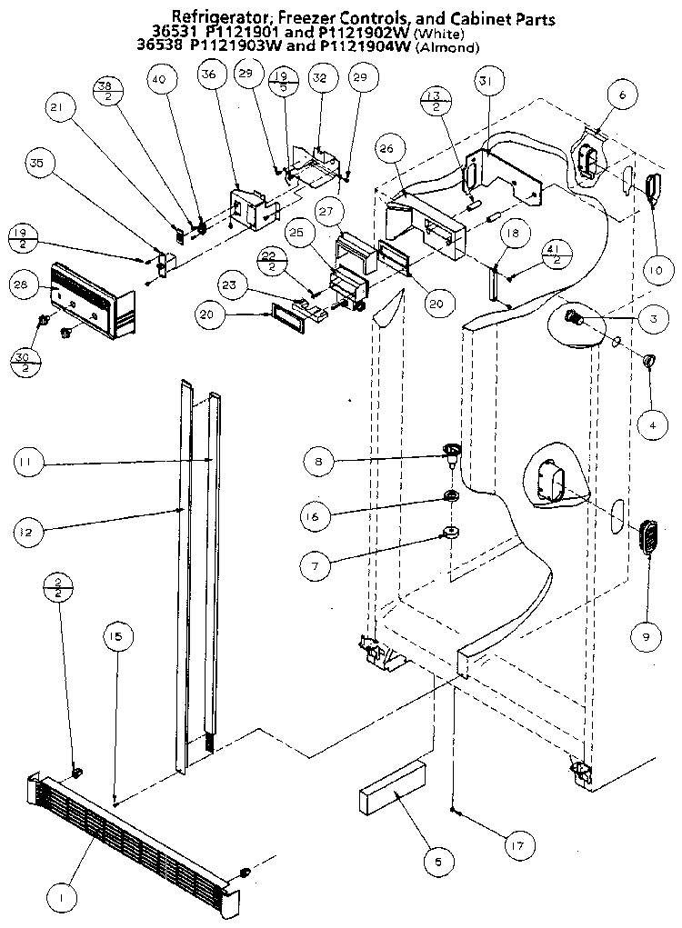 Refrigerator, Freezer Controls, And Cabinet Diagram and Parts List for 36531-P1121902W  Amana Refrigerator