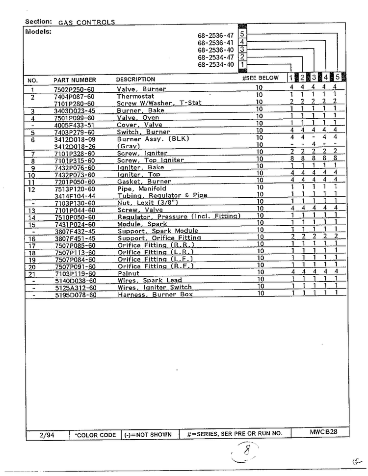 Gas Control Page 2 Diagram and Parts List for 68-2534-40  Magic Chef Range