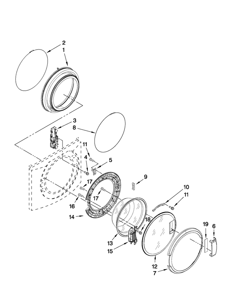Door And Latch Parts Diagram and Parts List for MHN30PNBGW0  Maytag Washer