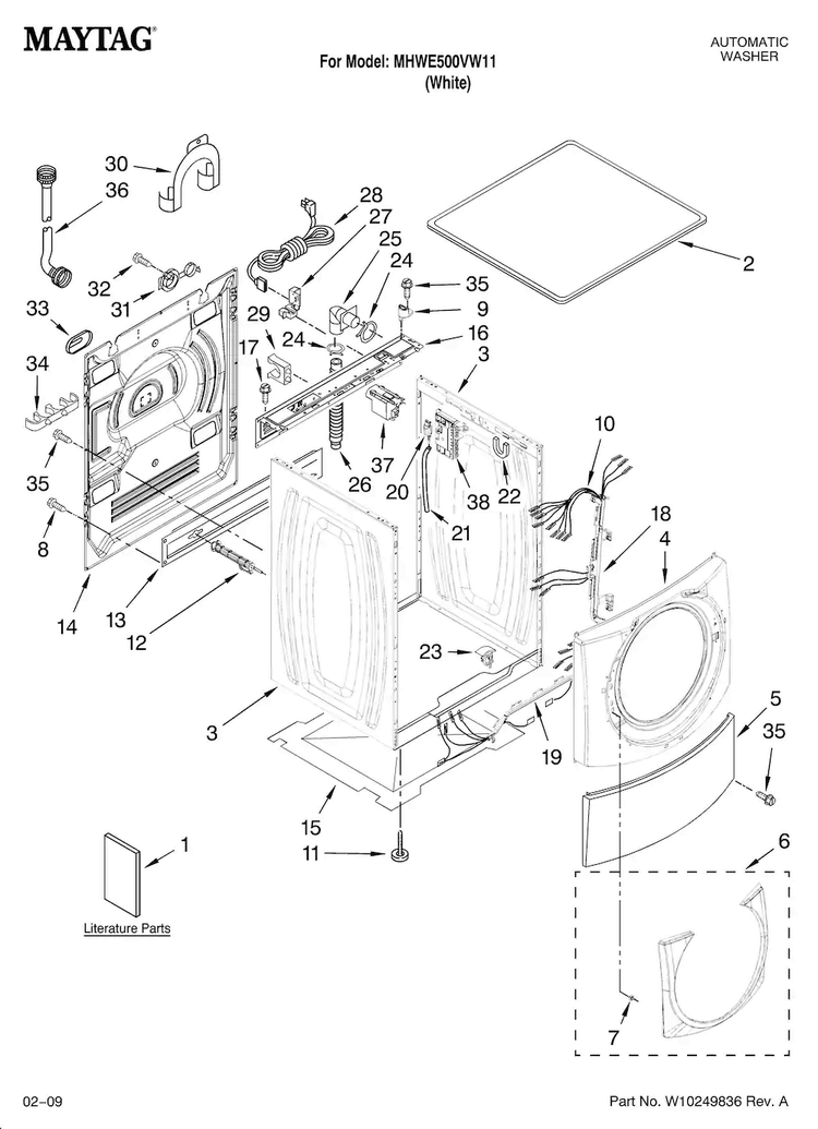 Top And Cabinet Parts Diagram and Parts List for MHWE500VW11  Maytag Washer