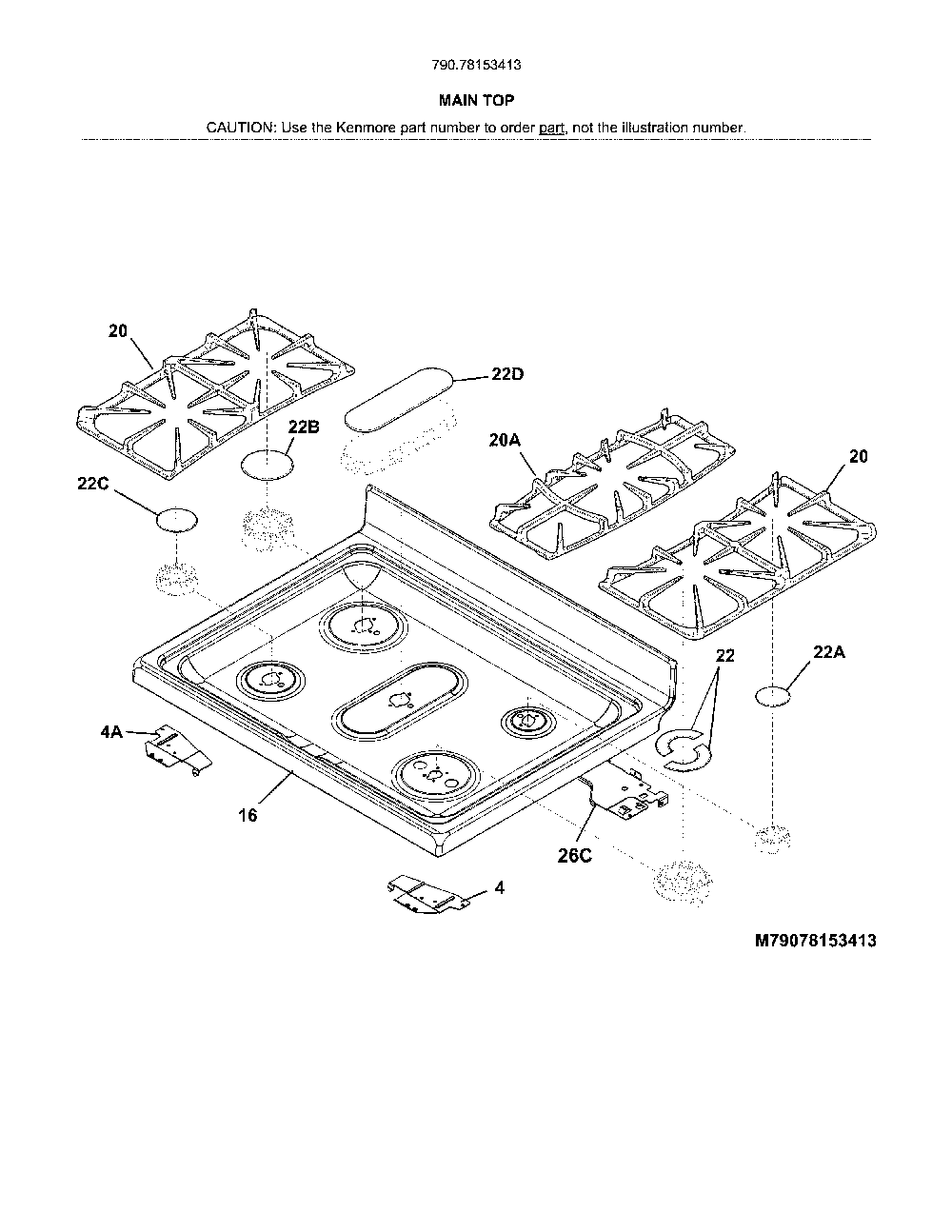 Main Top Diagram and Parts List for 79078153413  Kenmore Range