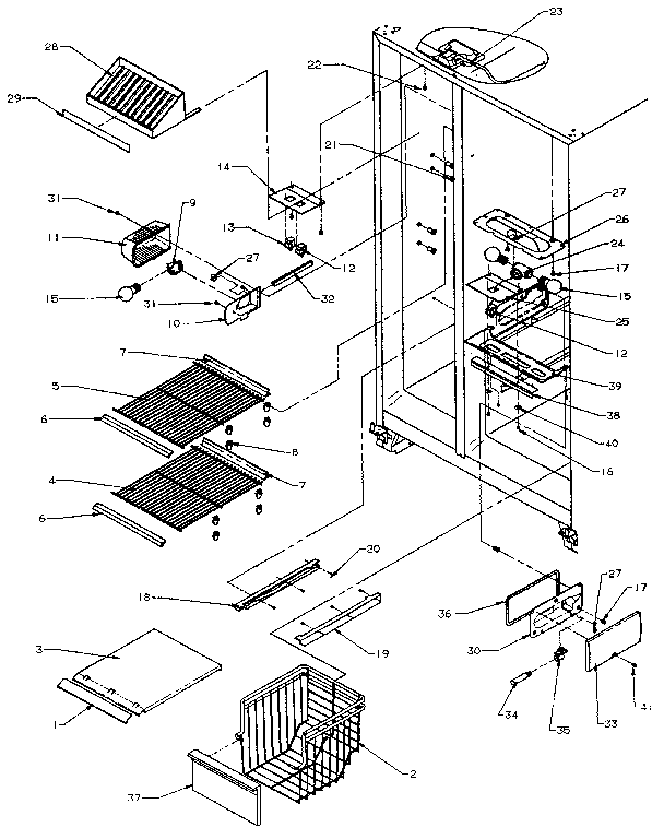 Freezer Shelving And Refrigerator Light Diagram and Parts List for SZDE27N-P1162202W  Amana Refrigerator