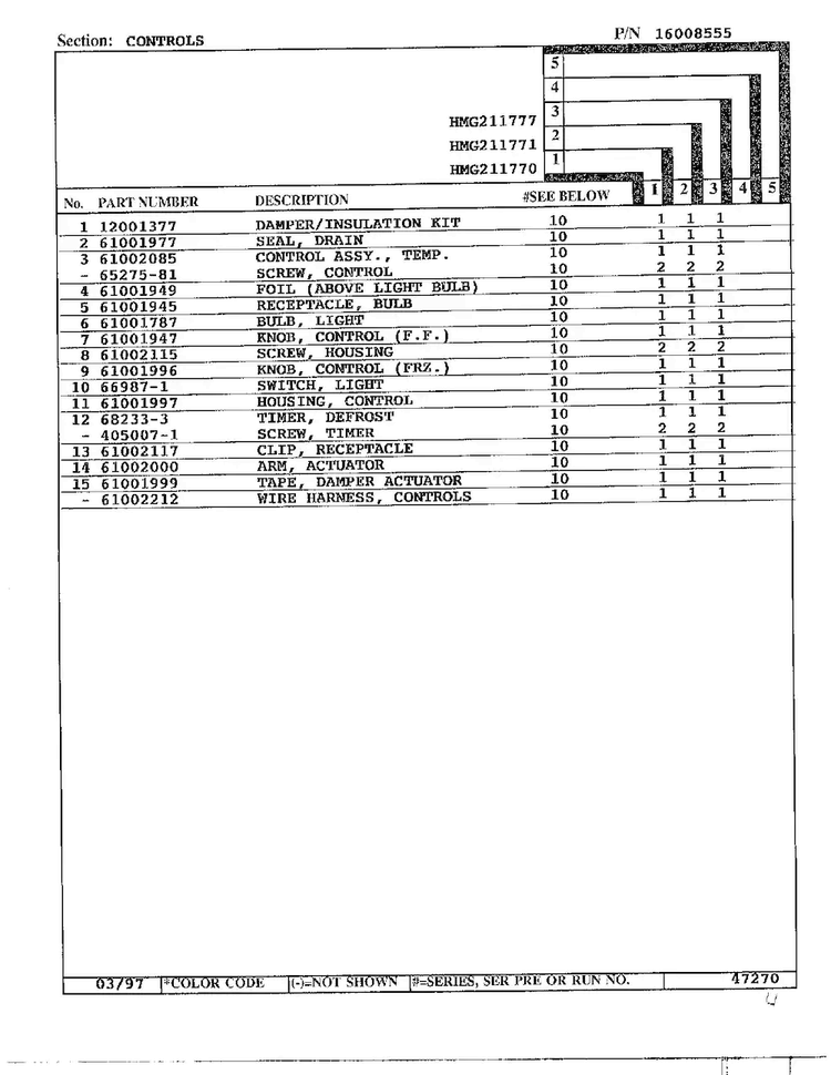 Controls Page 2 Diagram and Parts List for HMG211777  Admiral Refrigerator