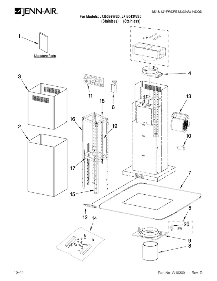 Hood Parts Diagram and Parts List for JXI5042WS0  Jenn-Air Range Hood