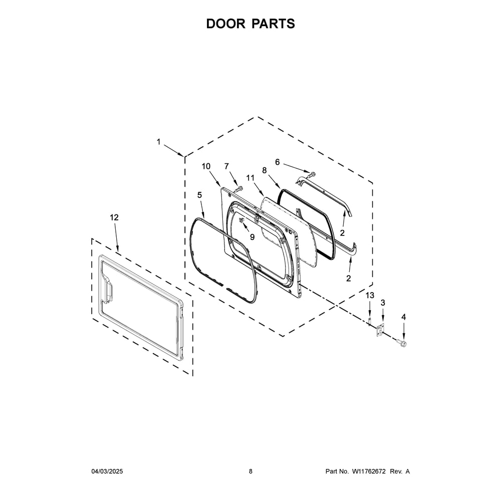 Door Parts Diagram and Parts List for MLG26PRLWW0  Maytag Dryer