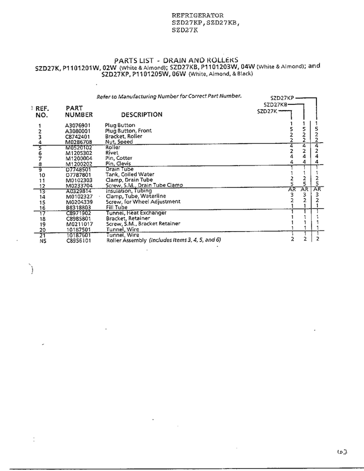 Parts List-drain And Rollers Page 2 Diagram and Parts List for SZD27KP  Amana Refrigerator