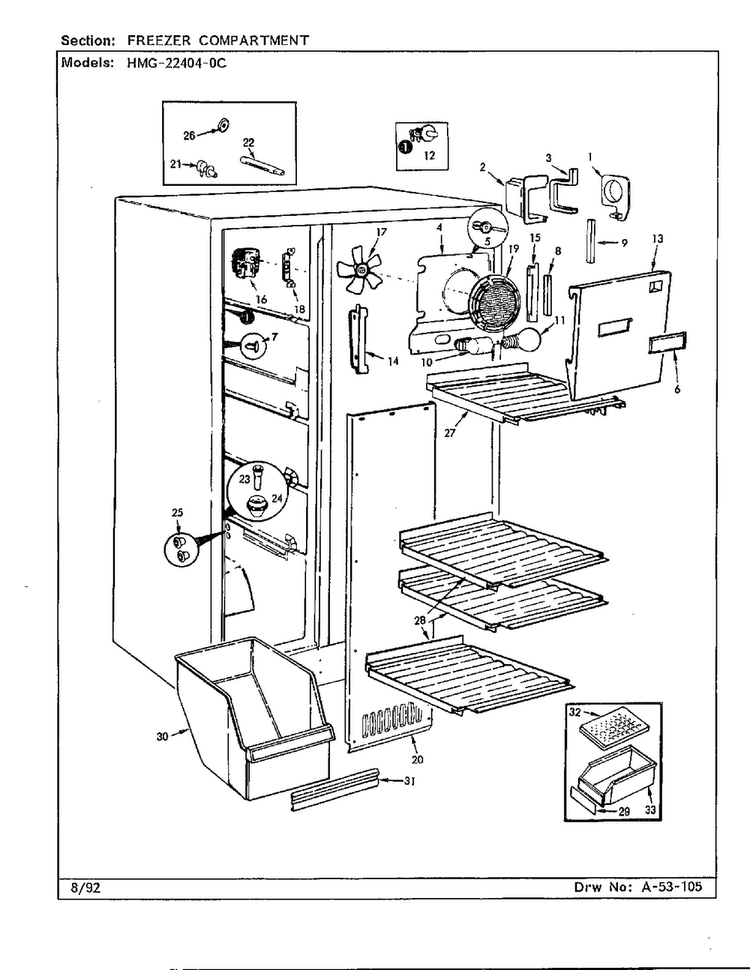 Freezer Compartment Diagram and Parts List for 22404-0C  Admiral Refrigerator