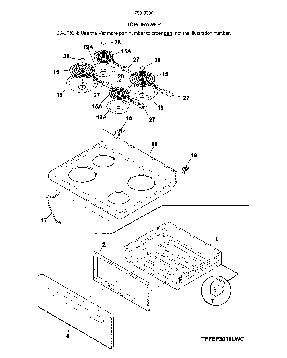 Top/Drawer Diagram and Parts List for 79093009315  Kenmore Range