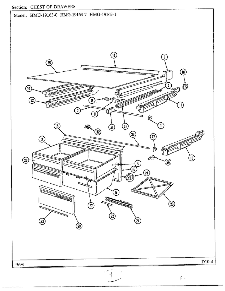 Chest Of Drawers Diagram and Parts List for 19163-0A  Admiral Refrigerator