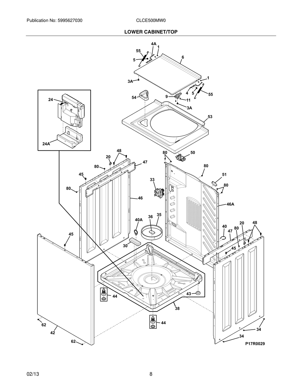 Lower Cabinet/Top Diagram and Parts List for CLCE500MW0  Maytag Dryer