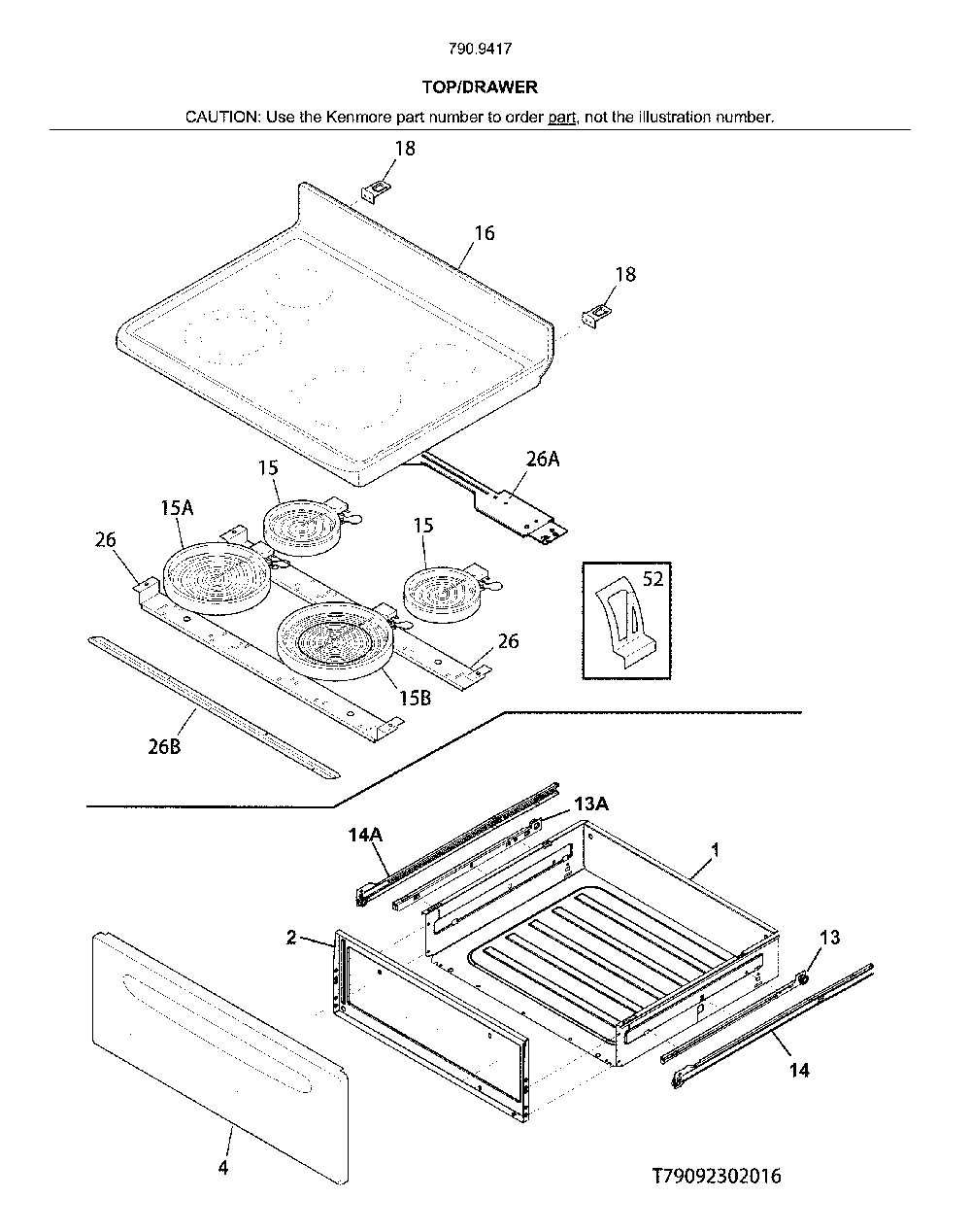 Top/Drawer Diagram and Parts List for 79094179316  Kenmore Range