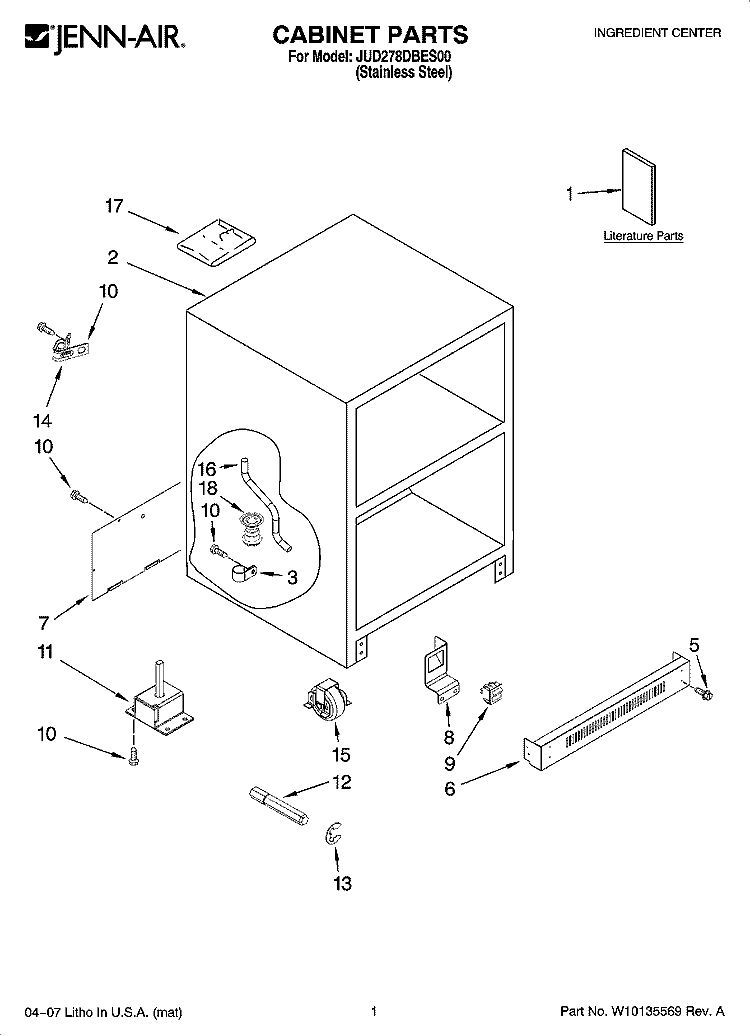 CABINET PARTS Diagram and Parts List for JUD278DBES00  Jenn-Air Refrigerator
