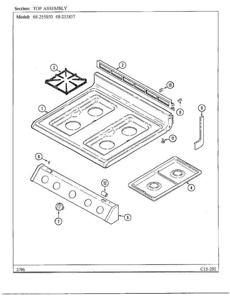 Top Diagram and Parts List for 68-255857  Magic Chef Range