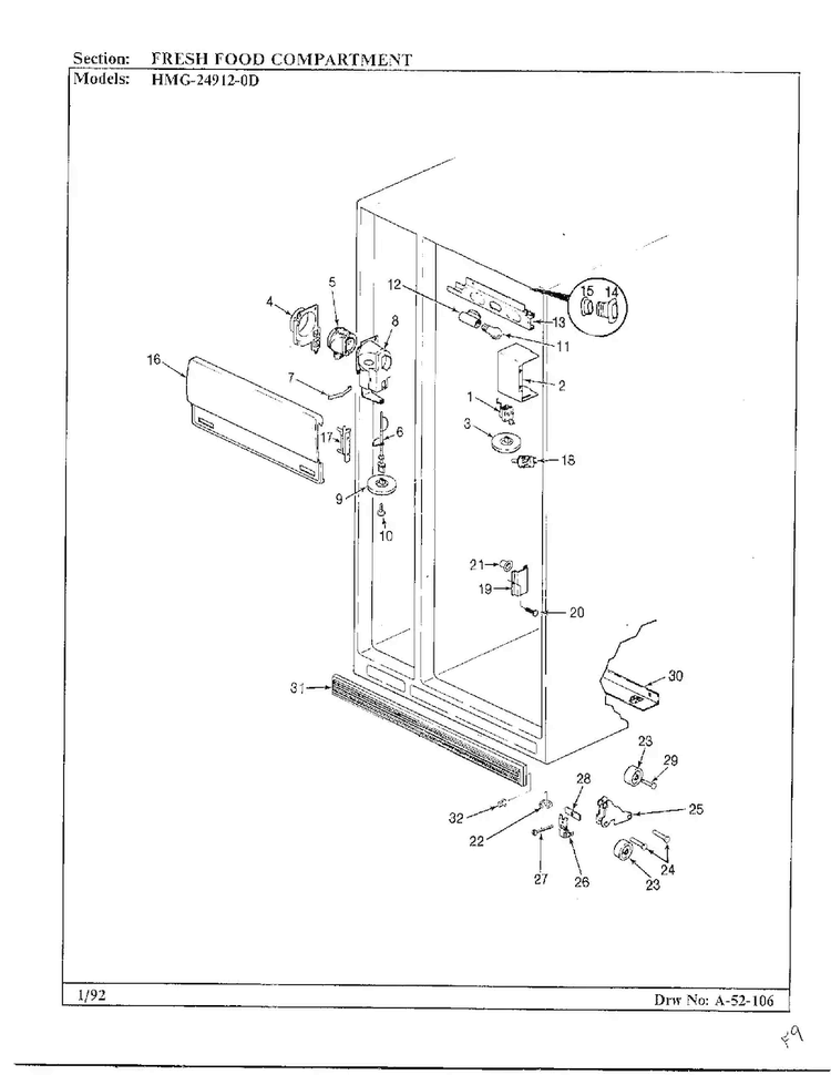 Fresh Food Compartment Diagram and Parts List for 24912-0A  Admiral Refrigerator