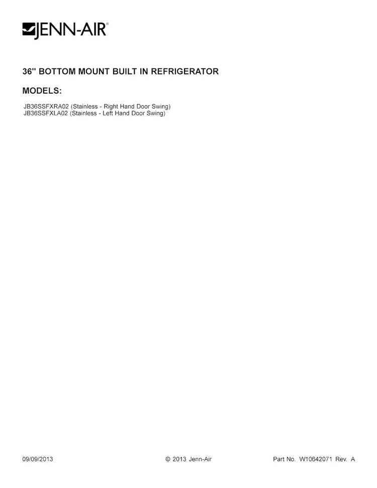 Cover Sheet Diagram and Parts List for JB36SSFXLA02  Jenn-Air Refrigerator