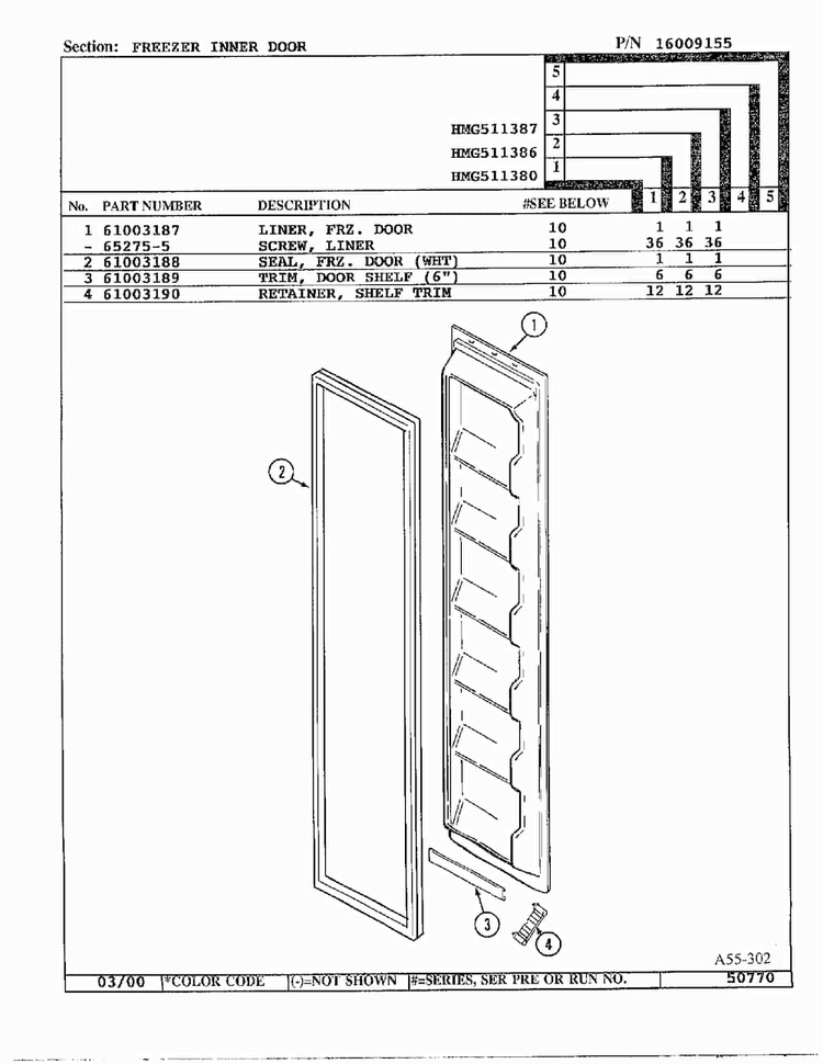 Freezer Inner Door Diagram and Parts List for HMG511387  Admiral Refrigerator