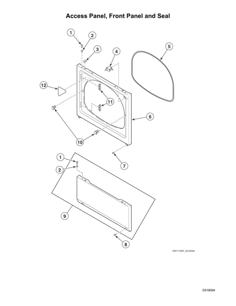 Access Panel/Front Panel/Seal Diagram and Parts List for ADE6HRYS177TW01  Speed Queen Dryer