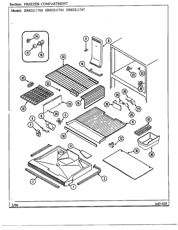 Freezer Compartment Diagram and Parts List for HMG211760  Admiral Refrigerator
