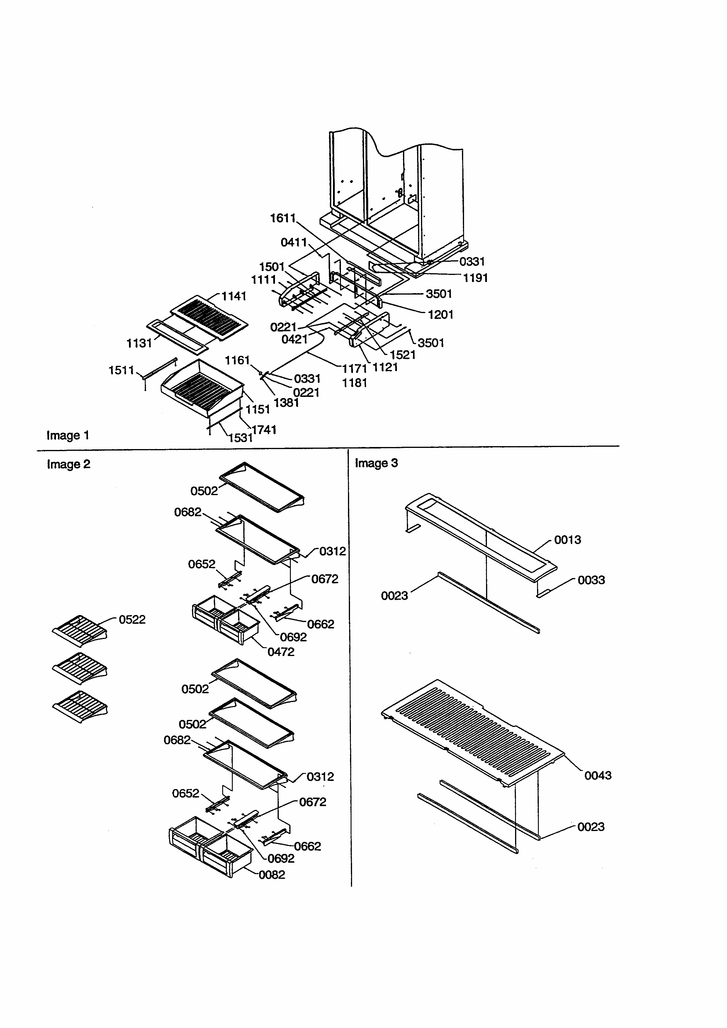 Shelving And Crispers Diagram and Parts List for S148DA03-P1305601W  Amana Refrigerator