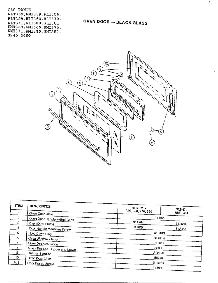 Oven Door-black Glass Diagram and Parts List for RLT360  Amana Range