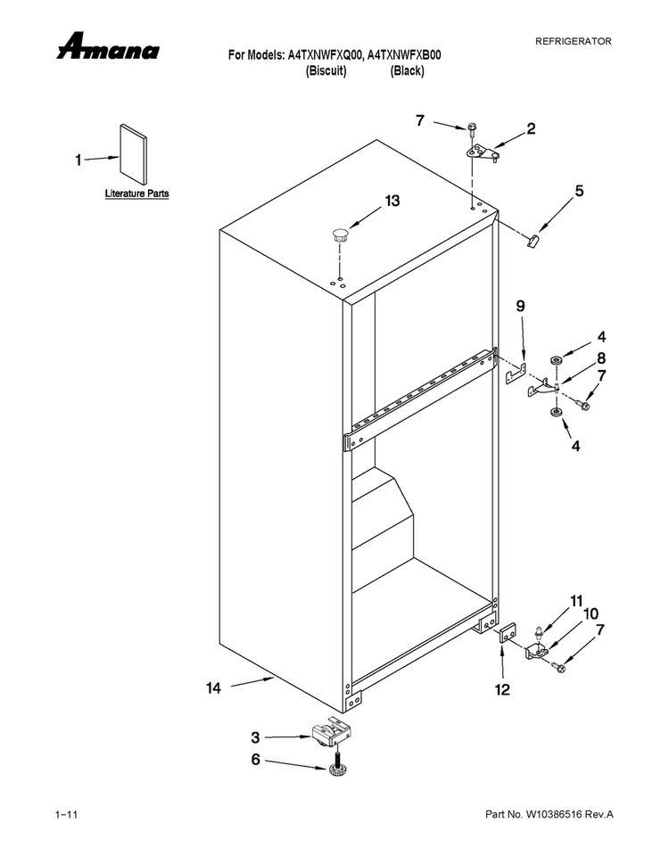 Cabinet Parts Diagram and Parts List for A4TXNWFXQ00  Amana Refrigerator