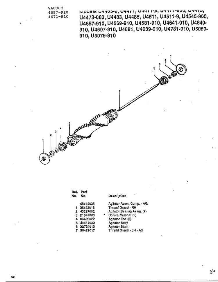 Agitator Diagram and Parts List for U4671-910  Hoover Upright Vacuum