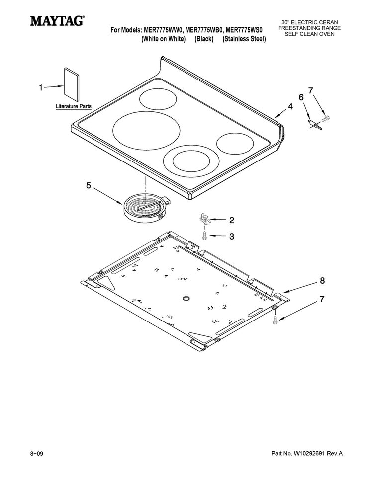 Cooktop Parts Diagram and Parts List for MER7775WS0  Maytag Range