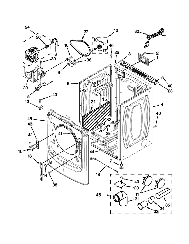 Cabinet Parts Diagram and Parts List for MGD3000BW1  Maytag Dryer