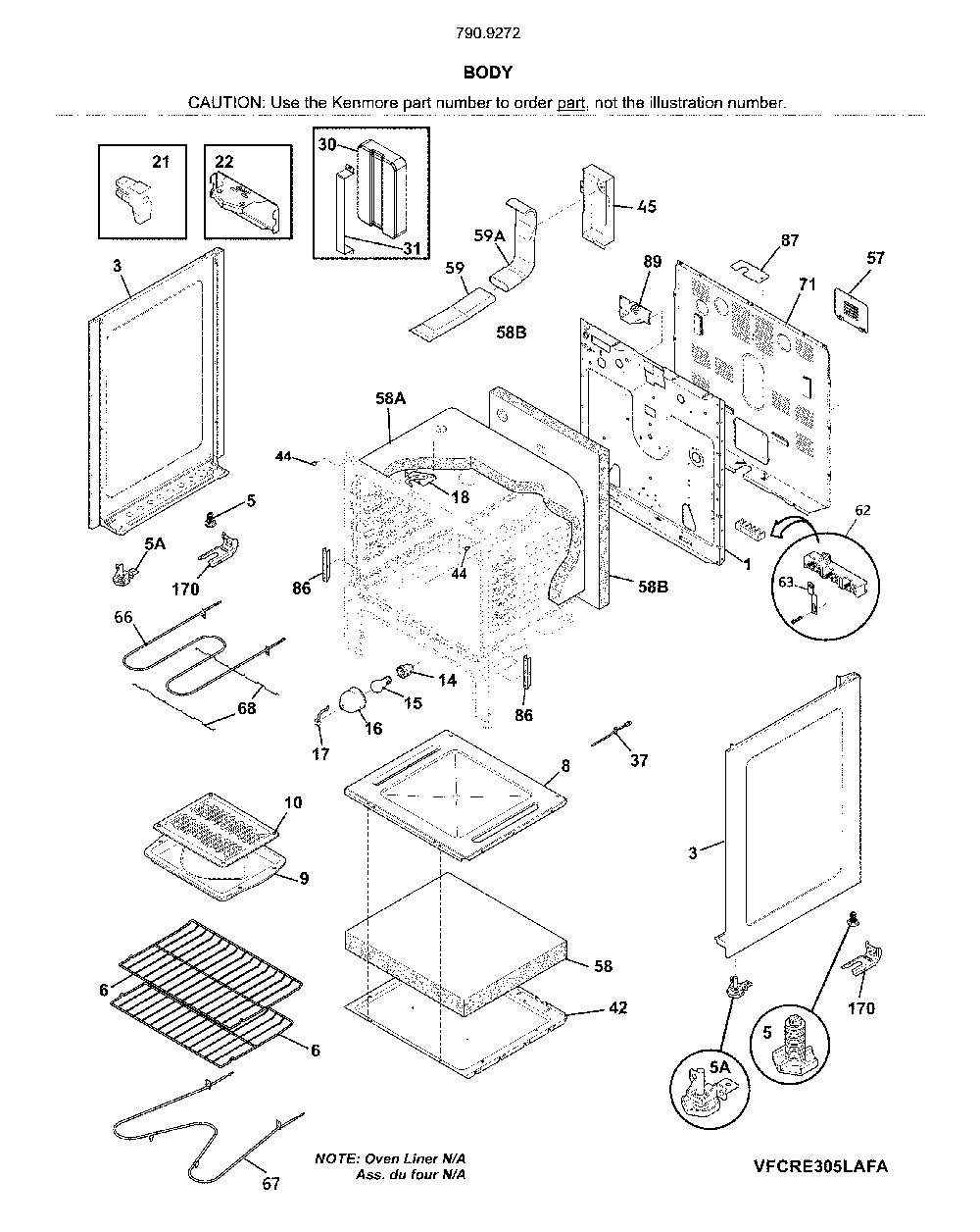 Body Diagram and Parts List for 79092722910  Kenmore Range