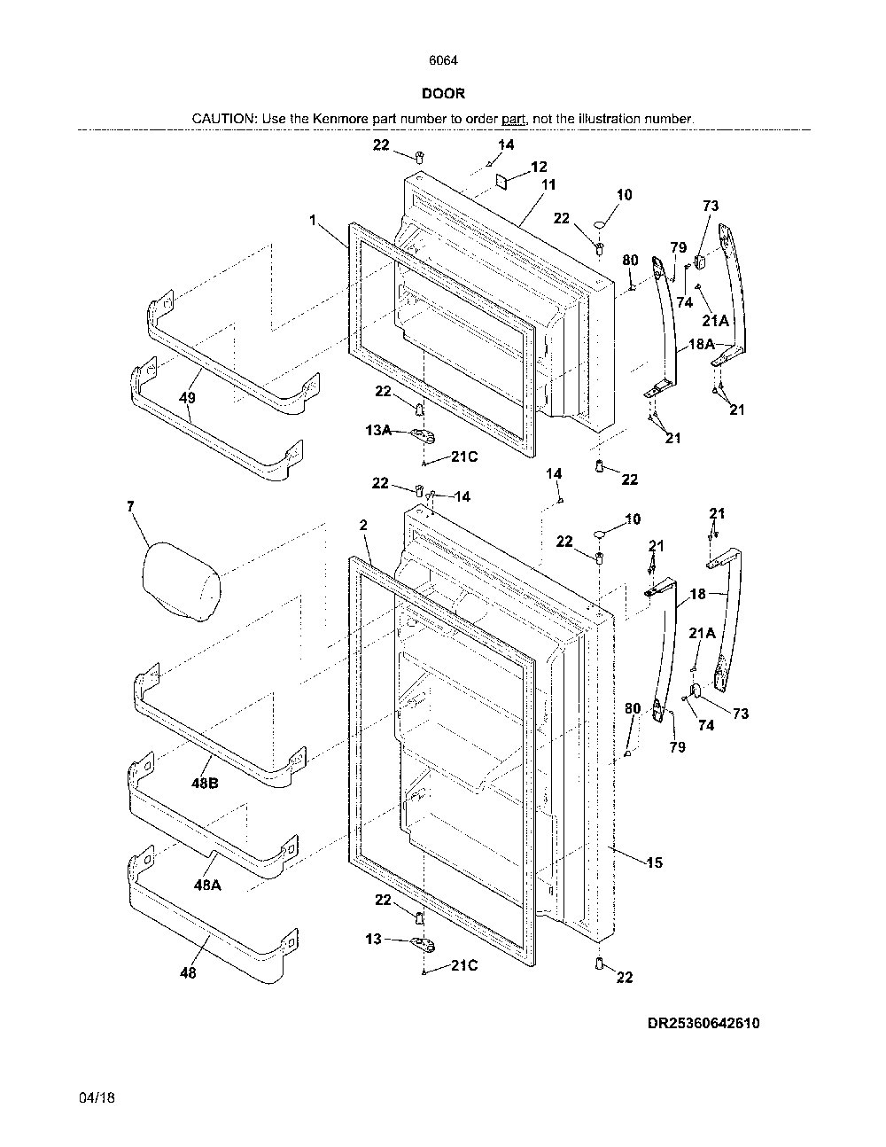 Doors Diagram and Parts List for 25360643613  Kenmore Refrigerator