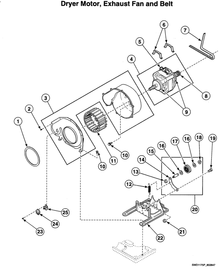 Dryer Motor Diagram and Parts List for LTSA7AQN1500  Speed Queen Washer Dryer Combo