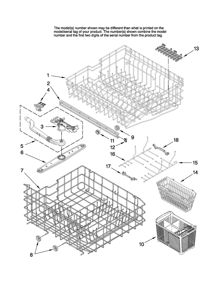 Upper And Lower Rack Parts Diagram and Parts List for MDBTT60AWB3  Maytag Dishwasher