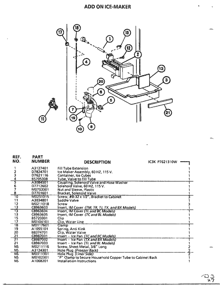 Add On Ice-maker Diagram and Parts List for TC22N-P116205W  Amana Refrigerator