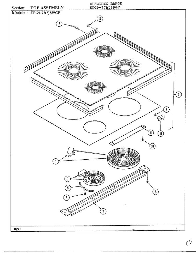 Top Assembly Diagram and Parts List for EPG9-77(*)589GF  Hardwick Range