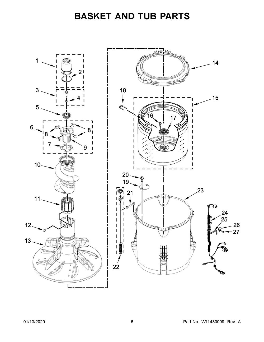 Basket And Tub Parts Diagram and Parts List for MVWP576KW0  Maytag Washer