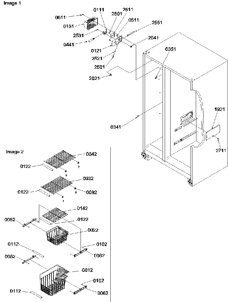 Freezer Shelves And Lights Diagram and Parts List for SRDE522VE-P1320304WE  Amana Refrigerator