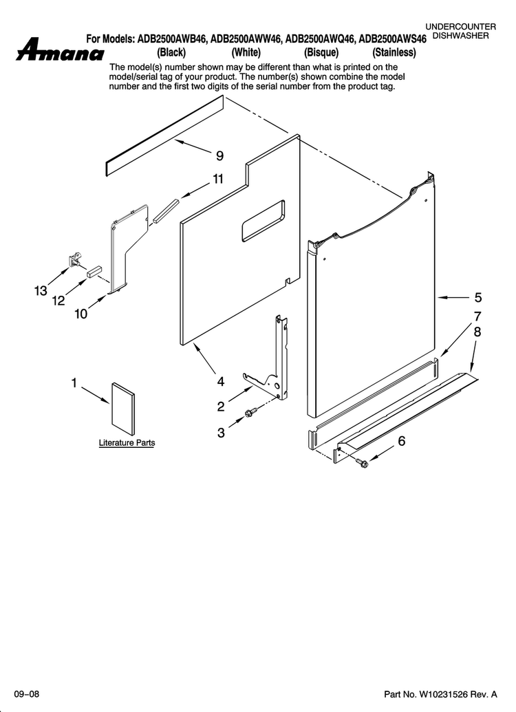Door And Panel Parts Diagram and Parts List for ADB2500AWB46  Amana Dishwasher