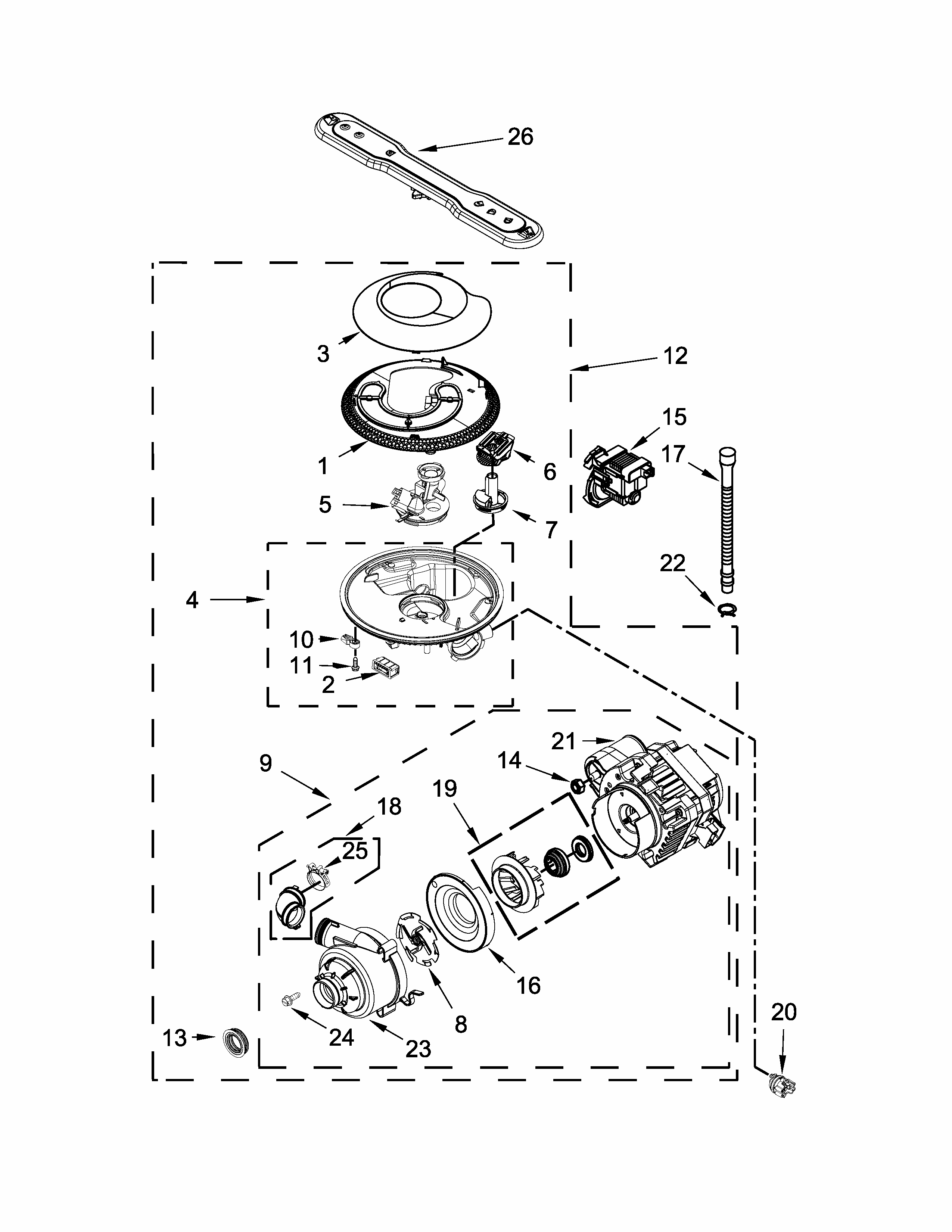 Pump, Washarm And Motor Parts Diagram and Parts List for MDB5969SDH0  Maytag Dishwasher