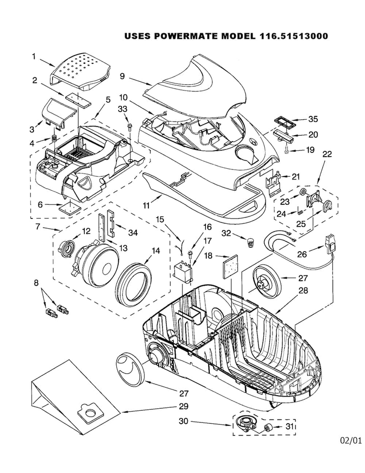 Vacuum Cleaner Diagram and Parts List for 11621513000  Kenmore Canister Vacuum